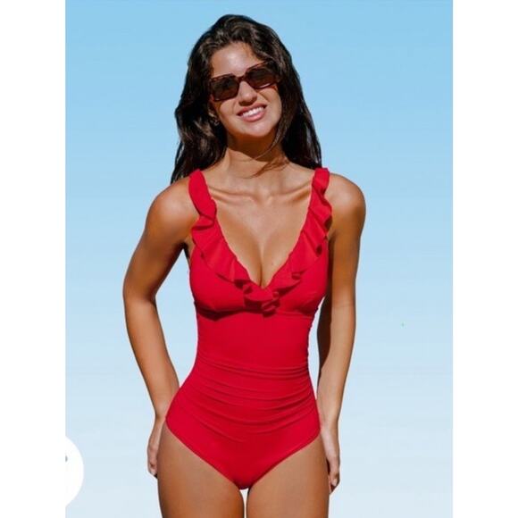 CUPSHE Ruffled Green One Piece TUMMY Control Swimsuit NWT SIZE Small - Picture 2 of 6